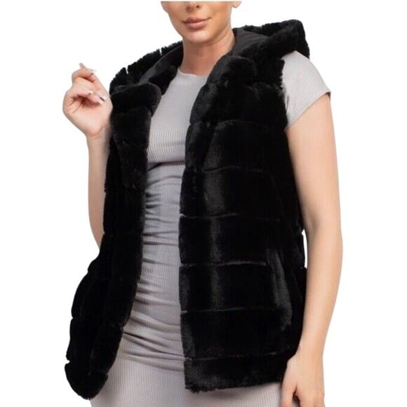 Rachel Zoe Faux Fur Hooded Vest Women's Large Black w/Hook & Eye Closure - Picture 1 of 8
